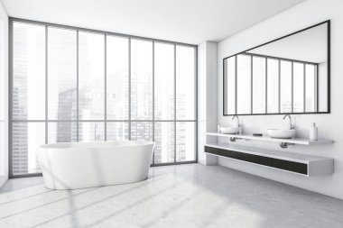 Beyaz banyo, iki lavabo ve büyük aynanın yanında beyaz küvet, yan görüş. Modern banyonun minimalist tasarımı mermer zeminli, 3D, kimseyi göstermiyor.