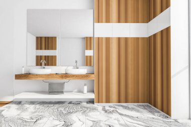 İki lavabo ve çekmeceli beyaz ahşap banyo. Zemini döşemeli modern banyonun minimalist tasarımı, 3 boyutlu, kimseyi göstermiyor.