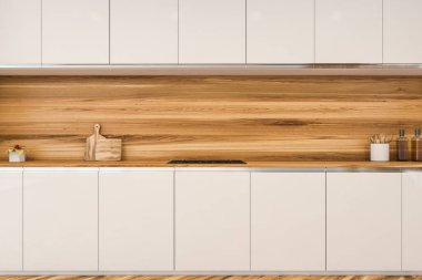 Sobalı ve aletli yemek odası, ön manzara, ahşap zemin. Minimalist, hafif, modern mutfak, 3 boyutlu, insan yok.