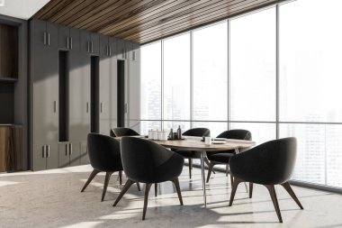 Şehir manzaralı gri yemek odası. Tabaklı yemek masası ve altı sandalye, yan görüş. Mutfak raflı, 3 boyutlu, insan içermeyen.