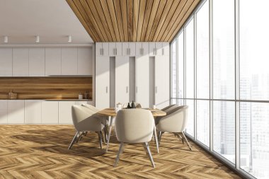 Ahşap yemek odası, gökdelenlerin şehir manzarası. Tabakları ve altı koltuğu olan yemek masası. Mutfak raflı, 3 boyutlu, insan içermeyen.