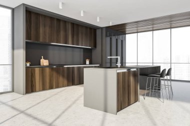 Yemek odası, iki siyah bar sandalyeli kesim masası, yan manzara, gökdelenlerin manzarası. Mutfak rafı ve mermer zemini var. 3D, kimseyi göstermiyor.