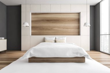 Çarşafları, yastıkları, halısı ve parke zemini olan beyaz yatağın üzerinde boş bir yer oluşturun. Şehir manzaralı ahşap yatak odası, 3 boyutlu, insan yok.