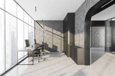 Gri ve mermer ofis odası, minimalist mobilyalar, koridora kemer. Pencerenin yanında masaüstü olan masa. 3D görüntüleme, insan yok