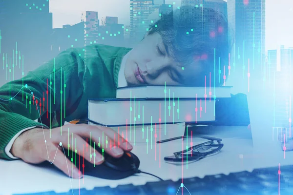 Digital graph rising and falling, man sleeping at the workplace, books with computer mouse on the table. Stock market changes on foreground, skyscrapers