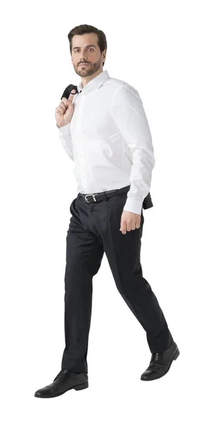 Handsome Businessman White Shirt Holding His Jacket Walking Isolated White — Stock Photo, Image