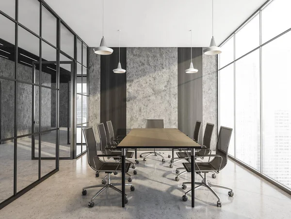 Grey conference room with black armchairs and wooden table. Office minimalist furniture, near window in business office, 3D rendering no people