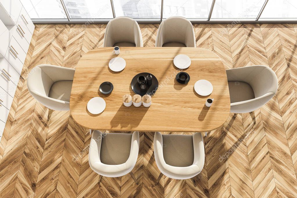 Wooden kitchen room with city view, view from above. Wooden light table with six chairs, eating room with new furniture, 3D rendering no people