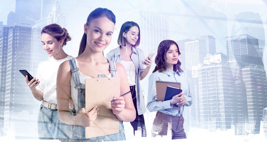 Group of attractive woman students with notebooks, clipboards and smartphones, double exposure. New York cityscape. Concept of corporate communication, teamwork and education.
