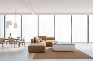 Kahverengi kanepe, kahverengi halı ve mermer döşeme üzerinde kahve masası olan açık bir ev. Sandalyeli yemek masası, gökdelenlere bakan şehir manzarası, 3 boyutlu görüntüler.