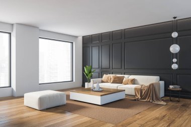 Tahta minimalist dinlenme odası, kanepe ve kahve masası, tabaklar, yan görüş, bej halıdaki kanepe. Parke zemin, bitki ve lambalar, 3 boyutlu, kimseyi yansıtmayan.