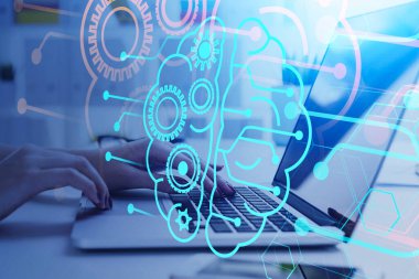 Elektronik cihazlı bir ofis müdürü, insan beyni ve vites çizimi. Şirket ağı ve beyin fırtınası. İnternet ve bağlantı kavramı