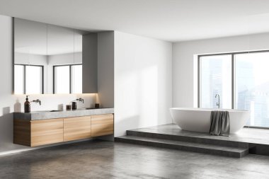 Beton zeminli beyaz banyo, beyaz küvet ve iki lavabo, yan görüş. Minimalist banyo, modern mobilya ve şehir manzaralı, 3 boyutlu, kimseyi göstermiyor.