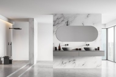 Modern klasik banyo, çift lavabo ve duş, büyük panoramik pencere, şehir manzarası, minimalist beyaz mermer ve beton iç tasarım. 3d oluşturma