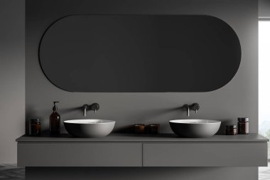 Modern klasik banyo, çift lavabo, minimal koyu iç tasarım. 3d oluşturma
