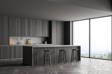 Gri parke zeminde gri minimalist mobilyaları olan gri yemek odası, yan manzara. Modern yemek odası ve pencere, doğa manzaralı, 3 boyutlu, insan yok.