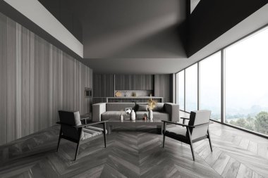 Mutfağın içi siyah ahşap, raf ve mutfak gereçleri gri kanepe ve kahve masalı koltuklar. Doğa manzaralı ve parke zeminli pencereler, 3 boyutlu, kimseyi göstermiyor