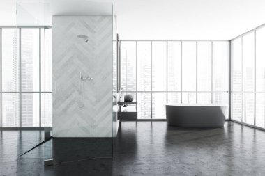 Gri mermer zeminde iki lavabosu olan banyo, beyaz duvar. Gökdelenlere şehir manzaralı minimalist mobilyalar, 3 boyutlu, kimseyi yansıtmayan