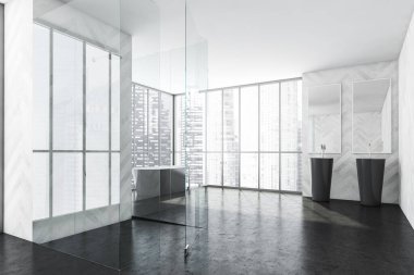 Siyah mermer zeminde cam duşlu banyo, gri küvet. Siyah ve beyaz minimalist iç mekan, gökdelenlerin yan görünüşü, 3 boyutlu görüntüler kimseyi göstermiyor.