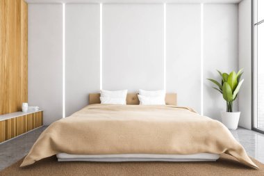 Ahşap yatak odasının içinde boş bir duvar, beton zeminde mobilyalar, köşede de bitki. Duvardaki arka ışık, vazo ve kitaplarla dolu ahşap çekmece. 3D 'de hiç insan yok.