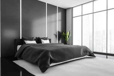 Siyah ve beyaz yatak odasının içinde boş bir duvar. Siyah zemin üzerinde mobilyalar, yan görüş, köşeye bitki dikme. Duvarda ve şehir görünümünde arka plan ışığı, 3D kimseyi göstermiyor