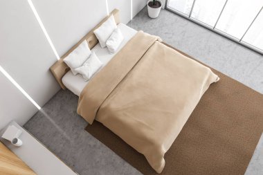 Yatak odasının içi. Beton zeminde çarşafları olan yatak manzarası, köşede bitki örtüsü. Duvarda ve şehir görünümünde arka plan ışığı, 3D kimseyi göstermiyor