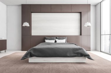 Çarşafları, yastıkları, halısı ve beyaz zemini olan beyaz yatağın üzerinde boş bir yer oluşturun. Şehir manzaralı bej yatak odası, 3 boyutlu, insan yok.