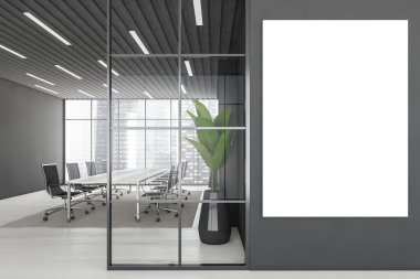 İş odasının yanındaki boş tuval fotokopi odası, siyah koltuklar ve masa, beyaz parke zeminde gri halı. Toplantı odası girişi, 3 boyutlu, kimseyi göstermiyor.