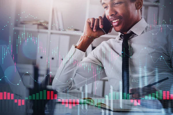 African American Business Man Stock Trader Analyzing Stock Graph Chart — Stock Photo, Image