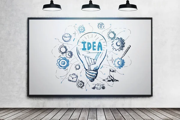 Banner with drawing of bulb with idea title and icons, parquet floor, poster on grey concrete wall and lamps. Illustration sketch in office room. Concept of start up, plan and new ideas