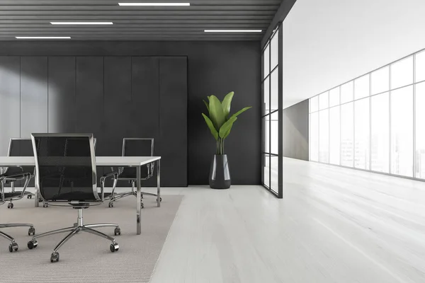 Business meeting room with black armchairs and wooden table, grey carpet on white parquet floor. Long corridor and panoramic windows with city view, 3D rendering no people