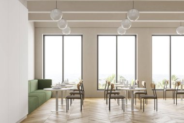 Kafeterya, üniversitede yemek odası, masa ve sandalyeli kafe, tezgah bar oteli. Okuldaki, üniversitedeki ya da ofisteki kantin. 3d oluşturma.