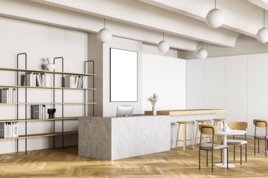 Kafeterya, üniversitede yemek odası, masa ve sandalyeli kafe, tezgah bar oteli. Okul, üniversite ya da ofis kantini. Beyaz poster fotokopi alanı oluşturun. 3d oluşturma.