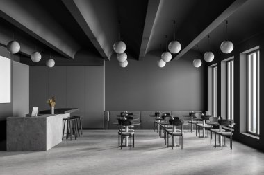 Kafeterya, üniversitede yemek odası, masa ve sandalyeli kafe, tezgah bar oteli. Okuldaki, üniversitedeki ya da ofisteki kantin. 3d oluşturma.