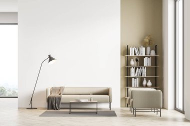 Bej kanepe, koltuk, sehpa, kitap rafı ve lambayla döşenmiş panoramik pencereli aydınlık modern oturma odası. Parke zemin. 3B görüntüleme