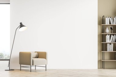 Bej koltuk, kitaplık ve lambayla döşenmiş panoramik pencereli açık modern oturma odası. Parke zemin. Ev kütüphanesi konsepti. 3B görüntüleme