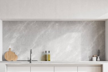 Modern modern tasarım mutfak tasarımı. Lavabolu yemek adası. Beyaz, mermer ve beton taş. Duvar kopyalama alanı oluşturun. 3d oluşturma