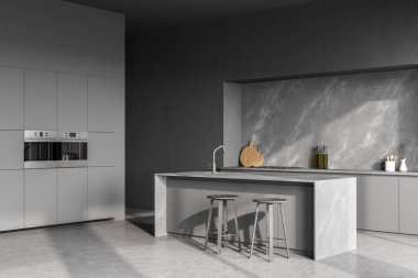 Modern çağdaş tasarım mutfak odası iç mimarisi. İki tabureli yemek masası. Koyu gri mermer ve beton döşeme malzemesi. 3d oluşturma