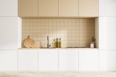 Mutfak malzemeleriyle modern mutfak manzarası. Parke zemin. Duvarda beyaz cepheler ve bej seramik fayanslar var. 3d oluşturma.