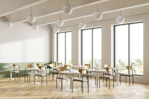 Cafeteria, dining room in university, cafe with tables and chairs, counter bar hotel. Canteen interior in school, college or office. 3d rendering.