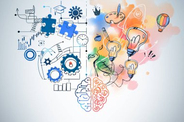 Mavi arka planda yaratıcı ve analitik düşünme ikonları olan beyin çizimleri. Farklı akıl türleri, dişliler, bulmacalar ve grafikler. Renkler ve sanat. İnsan beyni kavramı ve yeni fikirler