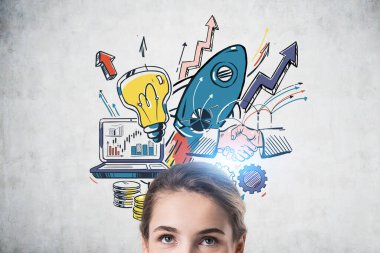 Rokete bakan iş kadını gözleri. Beyni renkli simgeler ve beton duvarda tokalaşma. Ürünün piyasaya sürülmesi. Yeni proje ve iş fikirleri kavramı