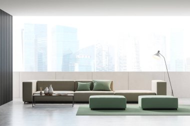 Singapur şehir merkezinde panoramik manzaralı modern oturma odası, bej renkli rahat kanepe, yeşil yastık ve tabure, beton zemin. Çağdaş tasarım kavramı. Model yap. 3d oluşturma