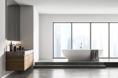 Beton zemin, beyaz küvet ve iki lavabo, ön manzara. Modern mobilya ve şehir manzaralı minimalist bir oda. 3D, kimseyi göstermiyor.