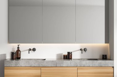 Modern klasik banyo, taştan çift lavabo, minimal hafif iç tasarım. 3d oluşturma