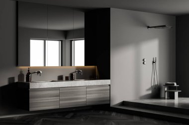 Modern klasik banyo, taştan çift lavabo ve duş, minimal koyu gri iç tasarım. 3d oluşturma