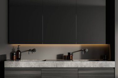 Modern klasik banyo, taştan çift lavabo, minimal koyu iç tasarım. 3d oluşturma