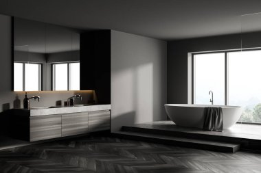 Parke zemin, beyaz küvet ve iki lavabo, yan görüş. Minimalist gri banyo, modern mobilyalar, 3 boyutlu, kimseyi göstermiyor.