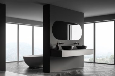 Modern banyo köşesinde çift lavabo ve küvet, geniş panoramik pencere, kırsal manzara, minimalist ahşap ve cam iç tasarım. 3d oluşturma