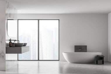 Modern banyo manzarası çift lavabo ve beyaz küvet, büyük panoramik pencere, şehir manzarası, minimalist mermer ve beton iç tasarım. 3d oluşturma